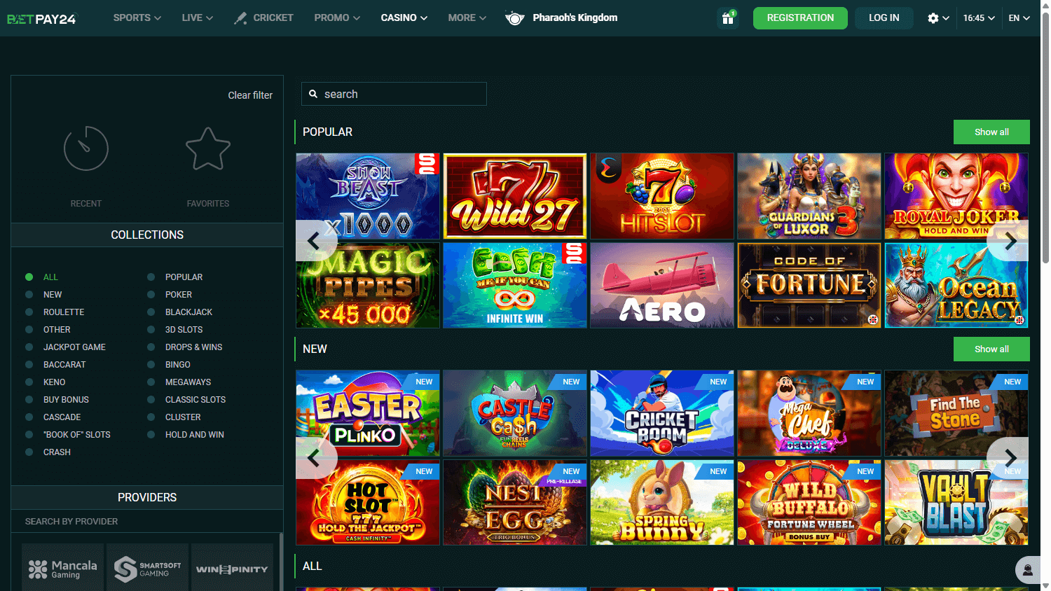 Lobby casino con giochi slot online